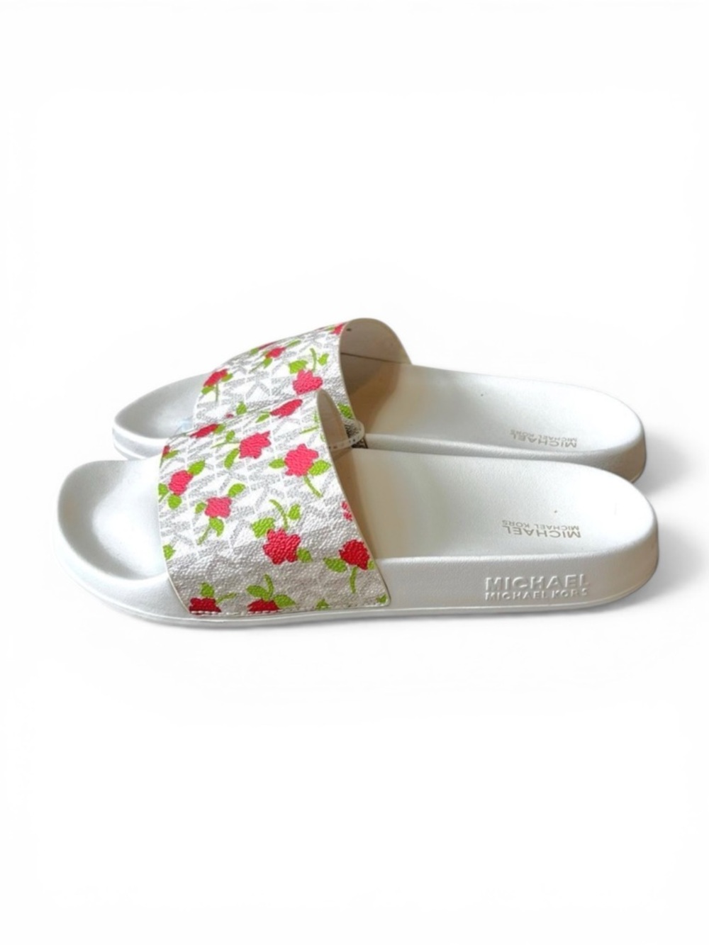 MICHAEL KORS Signature Vanilla Cream Floral Monogram Logo Slip On Slides